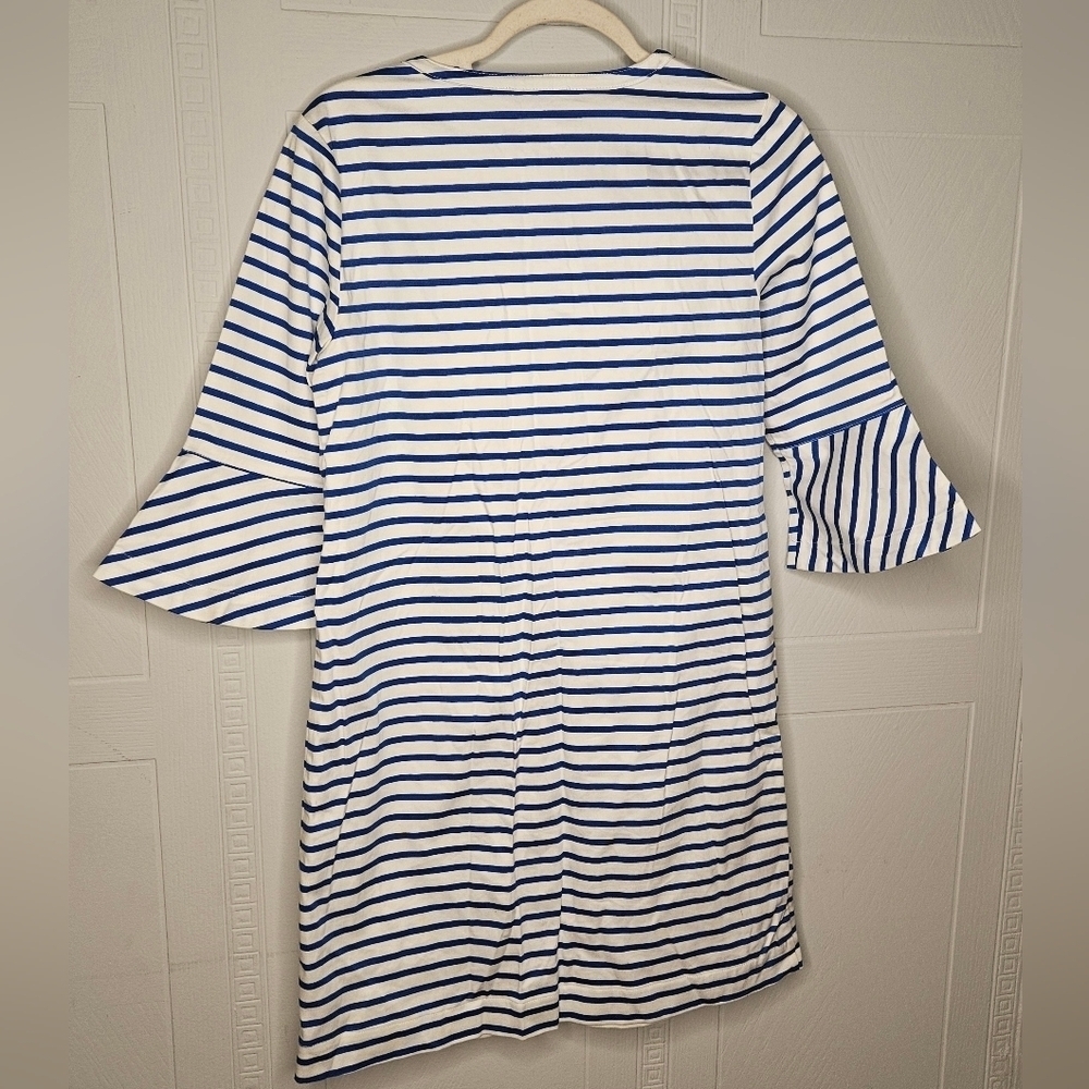 Draper James White Blue Striped Ruffle  3/4 Bell Sleeve Knee Length Dress SZ 2 - Picture 2 of 11